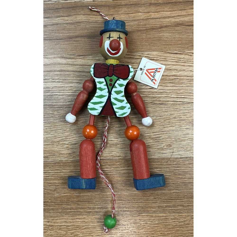 Vintage Jumping‎ Jack 8" Wood Pull String Clown M.Gschnitzer Jointed Austria